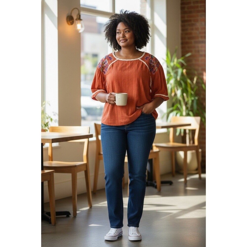 Umgee Embroidered Sleeve Flared Rifle Trim Women’s Peasant Blouse Size L